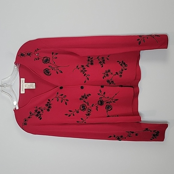 Jones New York Red Black Holiday Embroidered Floral Cardigan Sweater Size Medium - Picture 1 of 9